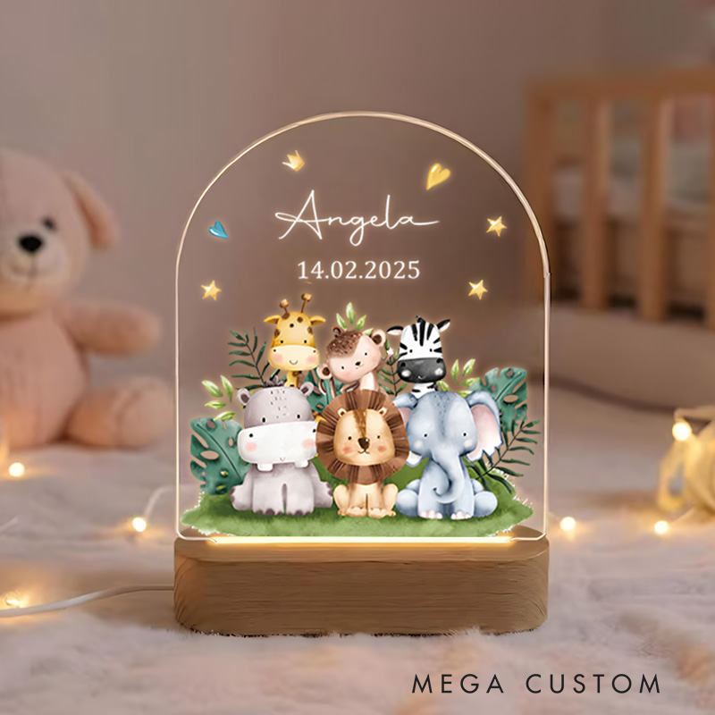 Personalized Safari Animal Group Illustration with Elephant Lion and Zebra for a Cheerful Nursery Glow Night Lamp