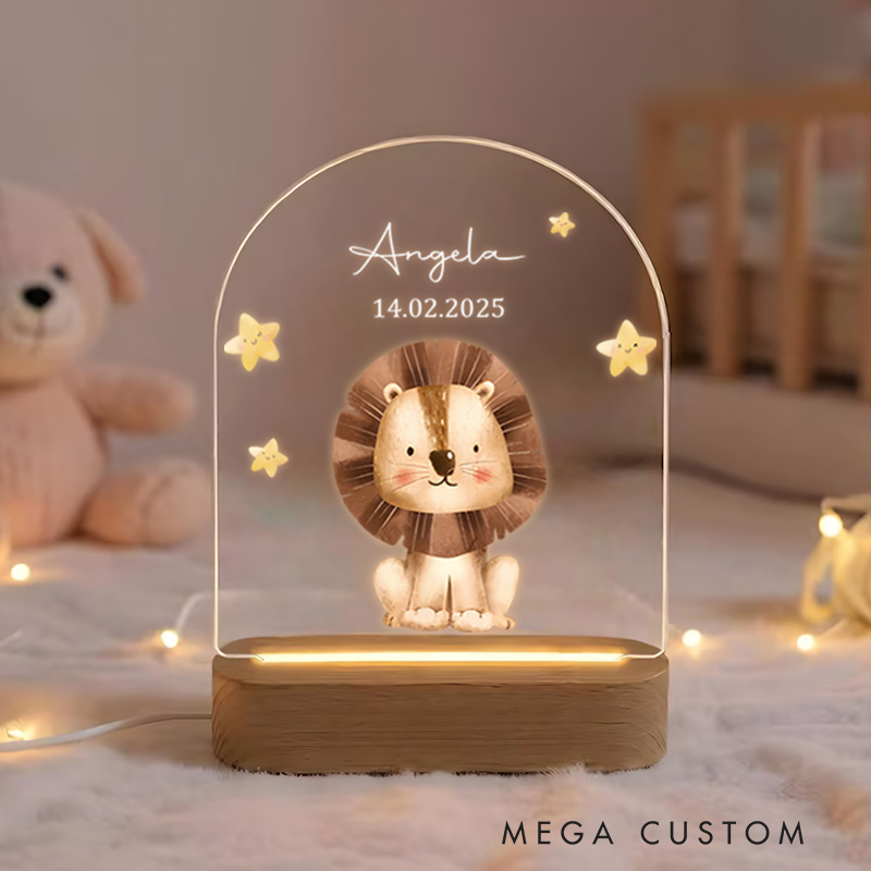 Personalized Lion Illustration with Star Accents for a Bold and Enchanting Nursery Ambiance Night Lamp