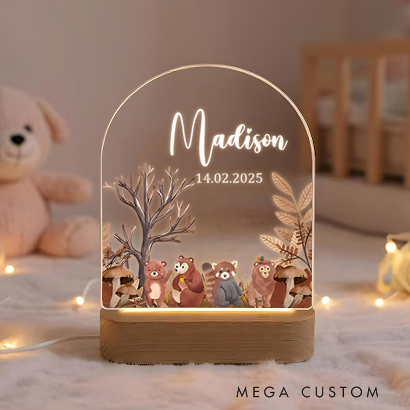 Personalized Woodland Animal Group Illustration Featuring Deer Fox and Owl for a Cozy and Enchanting Nursery Ambiance Night Lamp