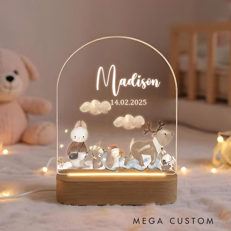 Personalized Winter Animal Group Illustration Featuring Deer Rabbit and Polar Bear for a Magical and Calm Nursery Glow Night Lamp