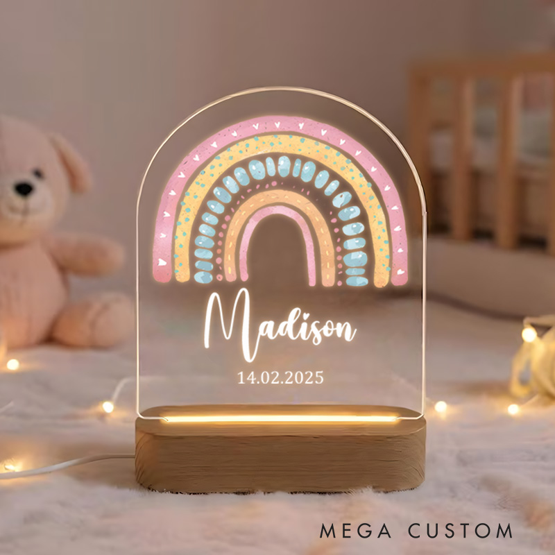 Personalized Pastel Rainbow Illustration with Decorative Patterns for a Cheerful and Delightful Nursery Glow Night Lamp
