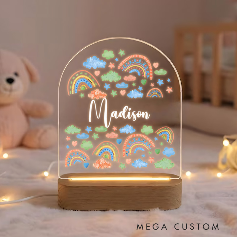 Personalized Colorful Rainbow and Cloud Illustrations with Whimsical Accents for a Vibrant and Joyful Nursery Glow Night Lamp