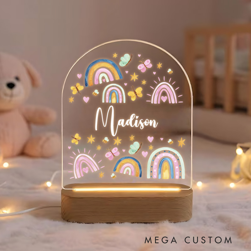 Personalized Rainbow and Cloud Illustration with Heart and Star Accents for a Bright and Cheerful Nursery Ambiance Night Lamp