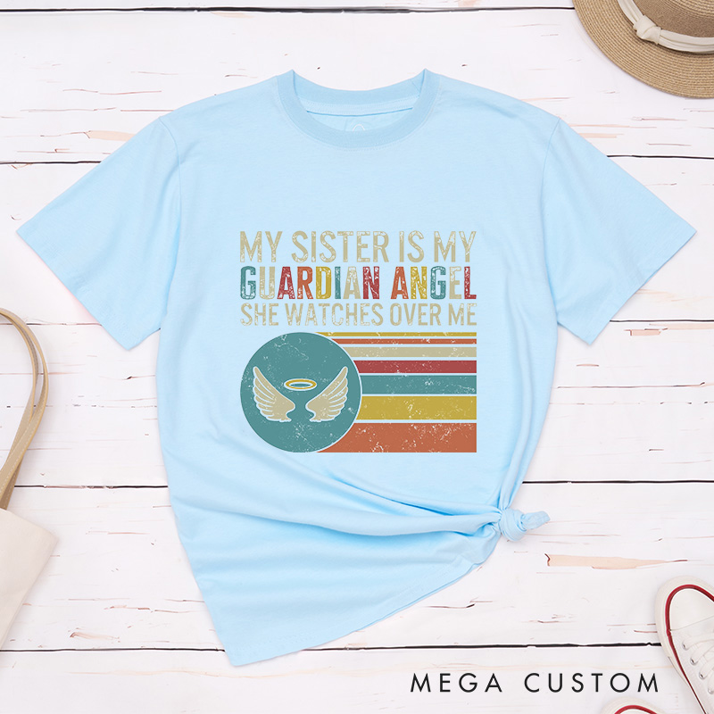 Personalized Guardian Angel Sister Memorial T-Shirt Retro Striped Wings Sympathy Gift for Grieving Sibling
