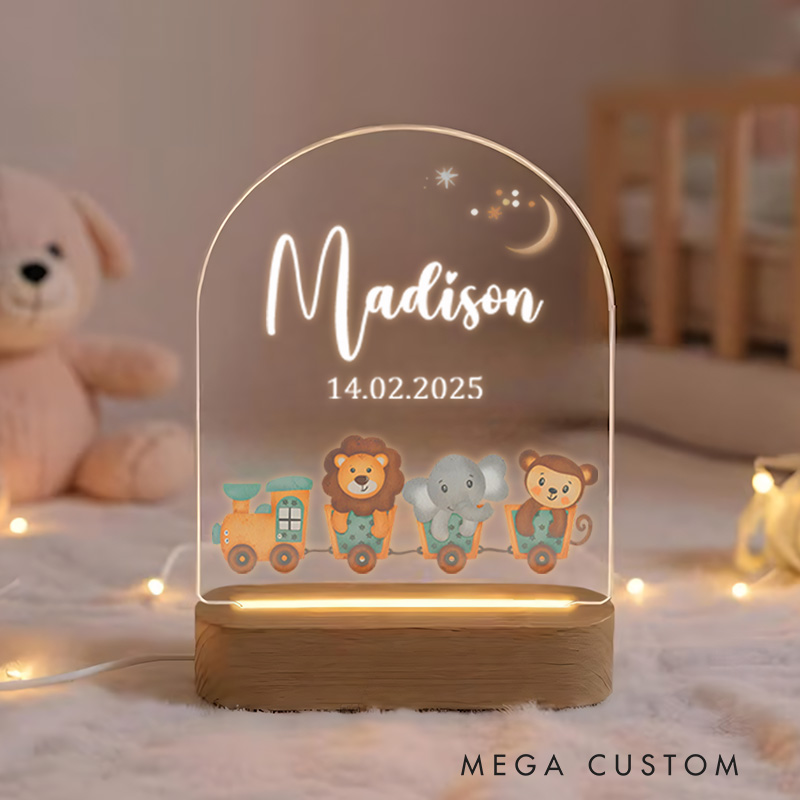 Personalized Animal Group Illustration Featuring Lion Elephant and Monkey with Moon Accents for a Magical Nursery Ambiance Night Lamp
