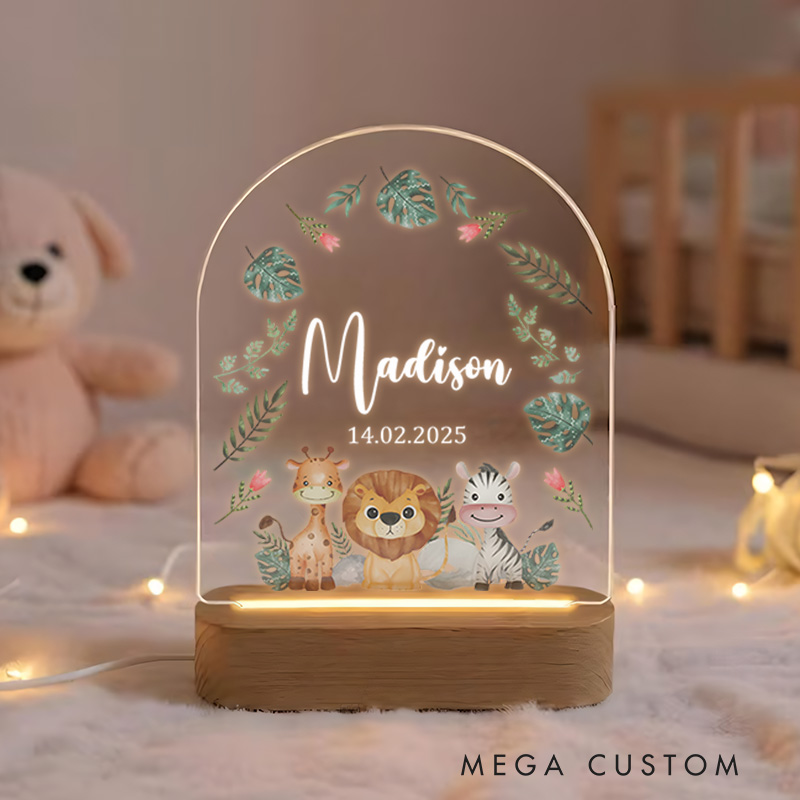 Personalized Woodland Animal Group Illustration with Floral and Leaf Accents for a Cozy and Serene Nursery Glow Night Lamp