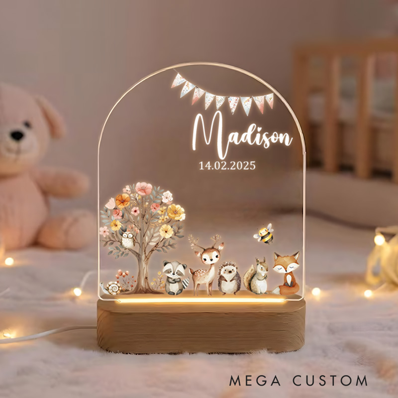 Personalized Woodland Animal Group Illustration Featuring Fox Deer and Owl with Tree Accents for a Nature Inspired Nursery Ambiance Night Lamp