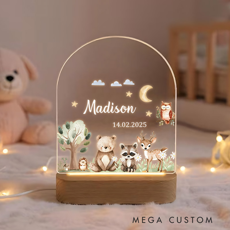 Personalized Woodland Animal Group Illustration Featuring Bear Fox and Owl with Star Accents for a Cozy Nursery Ambiance Night Lamp