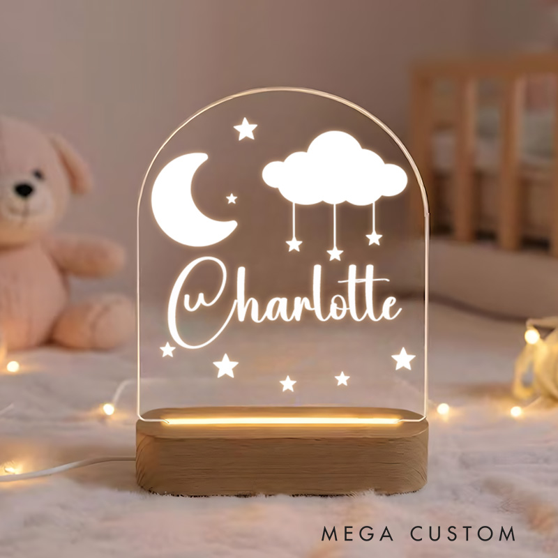 Personalized Moon and Cloud Illustration with Star Accents for a Magical and Serene Nursery Glow Baby Night Lamp