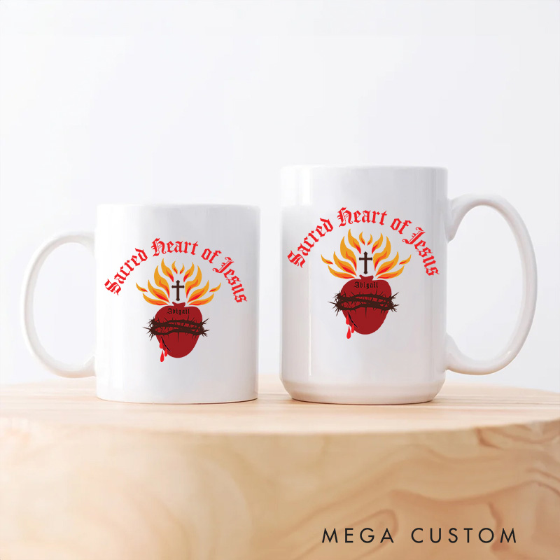 Personalized Sacred Heart of Jesus Ceramic Mug with Name Birthday Gift for Christian Positive Affirmation Religious Gift for Christian