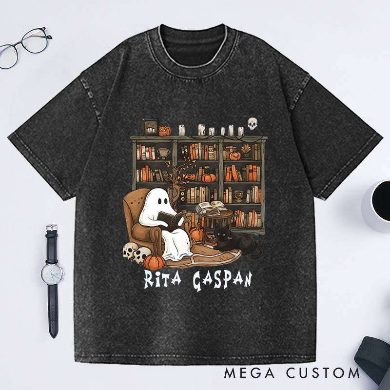 Personalized Ghost Book Reader Washed T-Shirts Reading Tee Book Lover Gift Reading Enthusiast Book Shirt Ghost Reader Tee Literature Lover