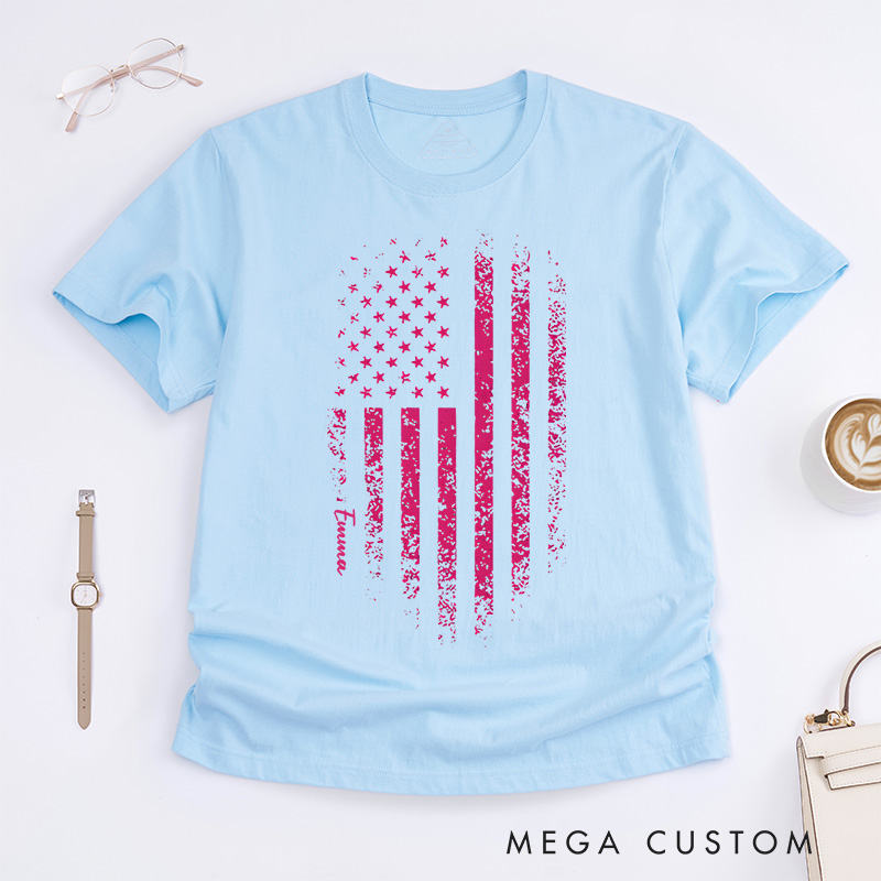 Personalized Breast Cancer Awareness Pink Distressed American Flag T-Shirt