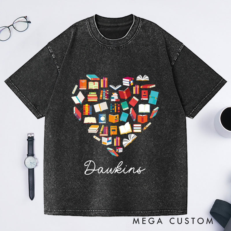 Personalized Book Love Washed T-Shirts Book Addict Clothing Book Heart Tee Reading Lover T-Shirt 