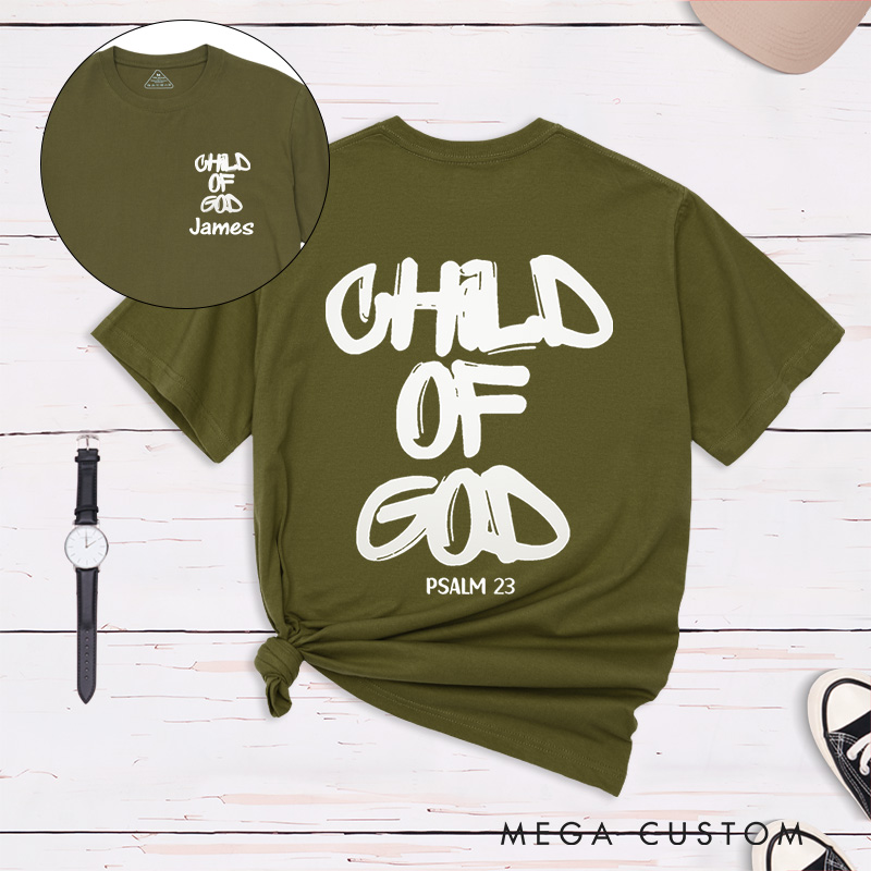 Personalized Child of God Classic T-Shirt with Name Graffiti Style Cotton Bible Verse Shirt Christmas Easter Gift for Men and Women