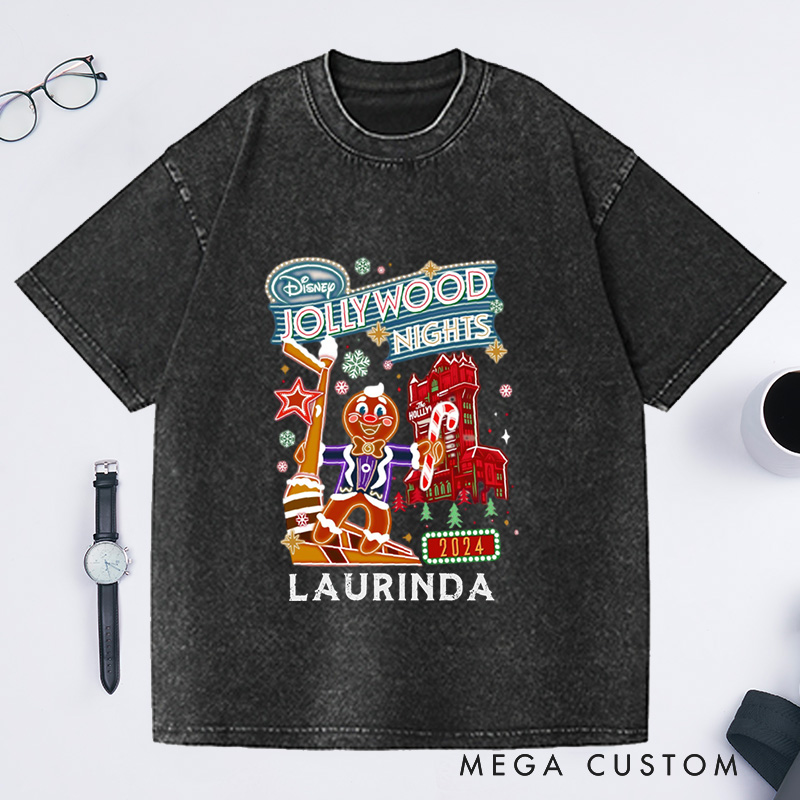 Personalized Jollywood Nights Washed T-Shirts Xmas Baking Party Shirt Christmas Family Trip Shirt