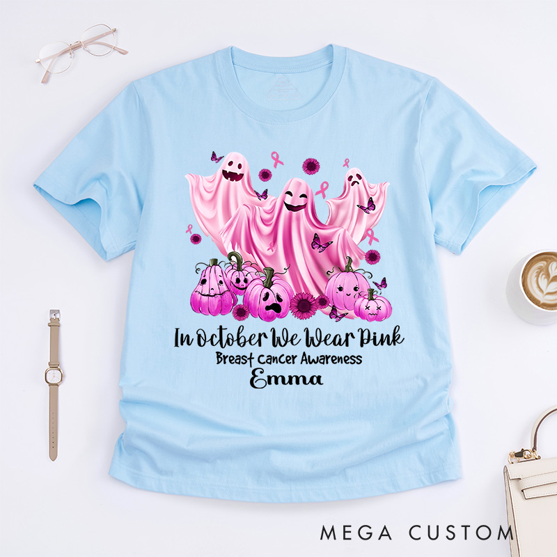 Personalized in October We Wear Pink Breast Cancer Awareness T-Shirt Ghost Haunted Pumpkin Halloween Gift