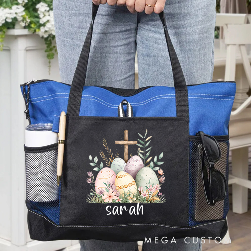 Personalized Easter Eggs Floral Cross Zipper Tote Bag with Name and Mesh Pocket Prayer Day Easter Storage Holiday Gift for Women Christian