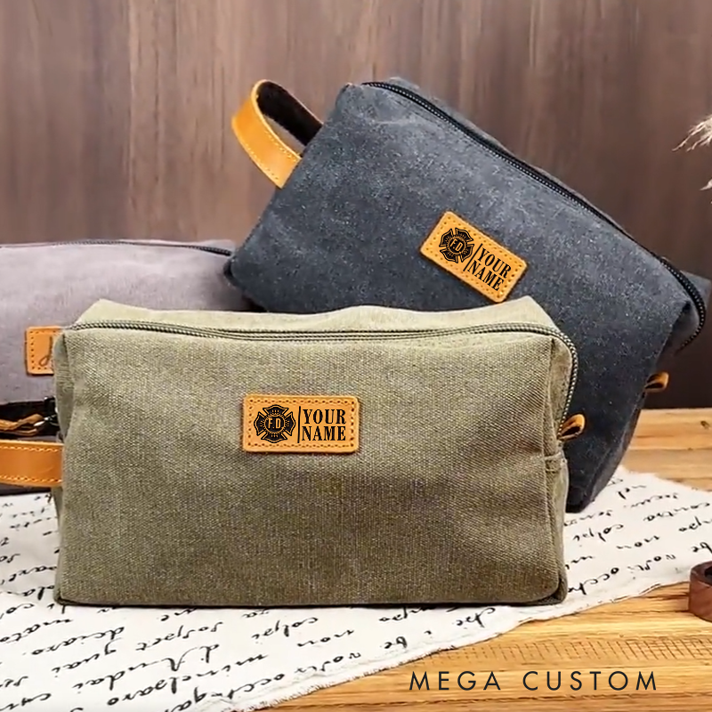 Personalized Engraved Fireman Canvas Toiletry Bag with Maltese Cross F.D. Design Mens Dopp Bag Gift
