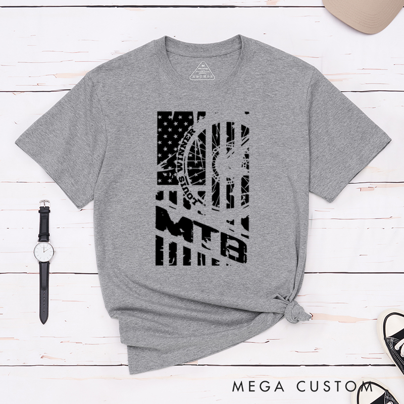 Personalized MTB Flag T-Shirt with a Bold Mountain Bike Wheel and American Flag for Outdoor Adventures Riding Cycling Biking Enthusiasts