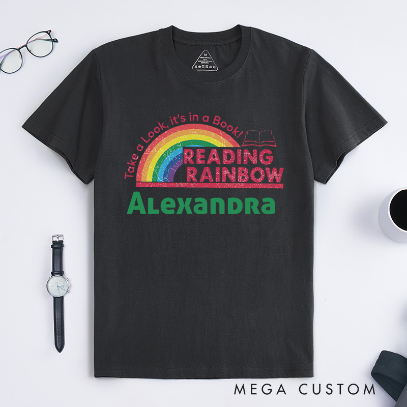Personalized Reading Rainbow Classic T-shirt for Librarian, Take a Look It's in a Book Shirt Retro Librarian Tee with Name Book Lover Gift