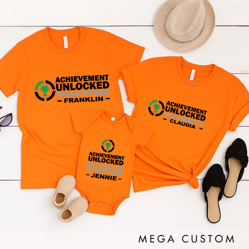 Personalized Achievement Unlocked Family Matching T-Shirts New Father Mother Shirts Funny Gamer Family Shirts Newborn Baby Gaming Shirt Father's Day