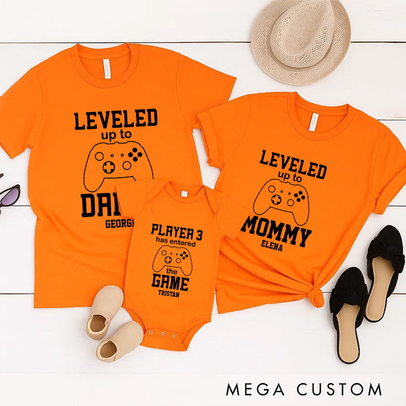 Personalized Leveled Up Family Matching T-Shirts New Father Mother Shirts Funny Gamer Family Shirts Newborn Baby Gift Geek Gaming Shirt Father's Day