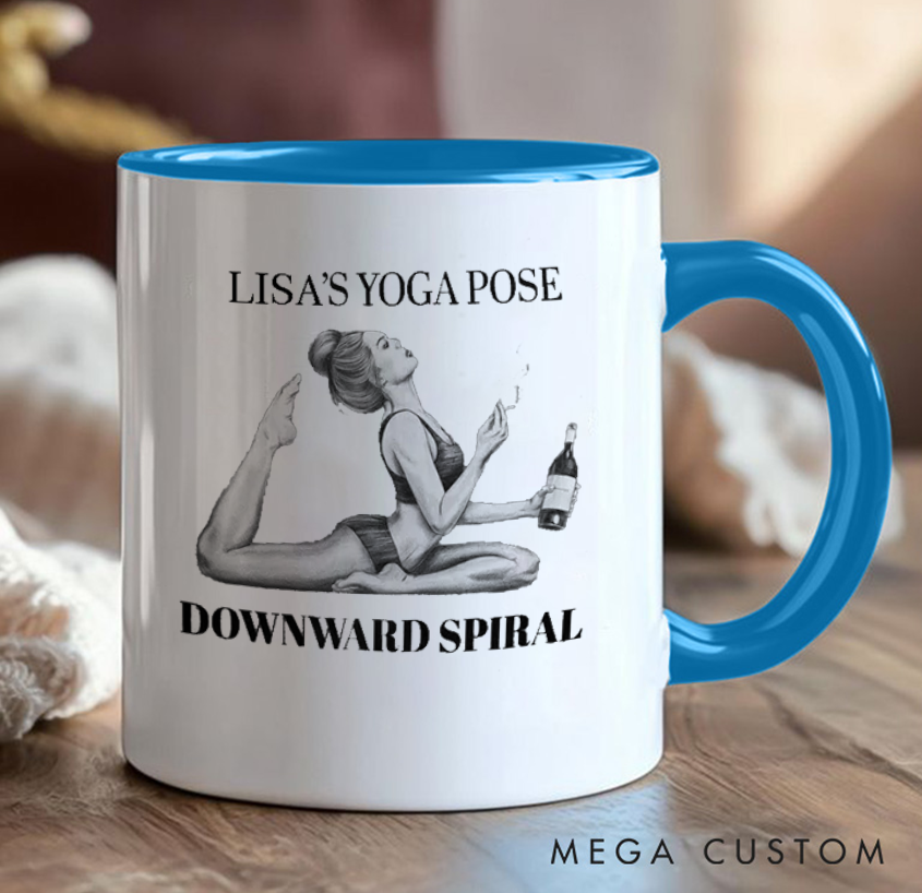 Personalized Funny Yoga Mug Can Custom Name, Humorous "Downward Spiral" Design, Perfect Gift for Yoga Lovers