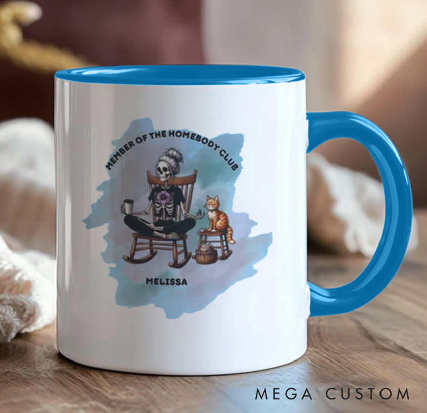 Personalized Homebody Club Mug – Funny Skeleton & Cat Design, Custom Name Option, Perfect Gift for Yoga & Relaxed Lifestyle Lovers
