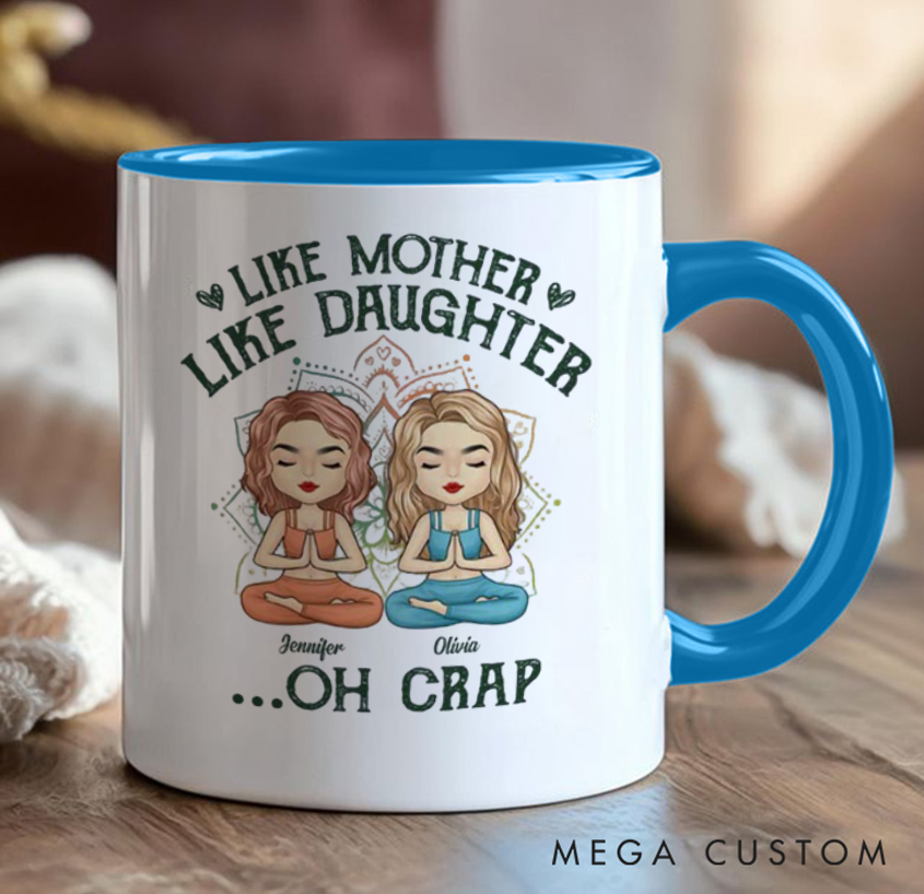 Personalized Mug with Cute Mother and Daughter Meditation Design, Can Custom Name, Perfect Gift for Mom, Daughter and Yoga Lovers