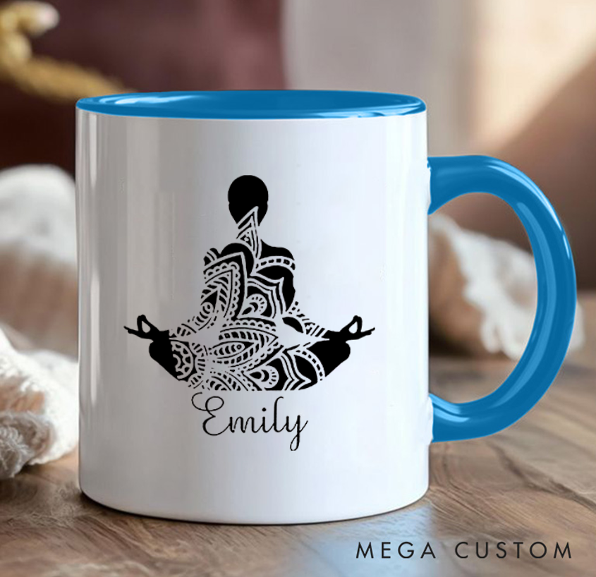 Personalized Yoga Mug Elegant Mandala Meditation Design Custom Name Perfect Gift for Mindfulness & Yoga Enthusiasts