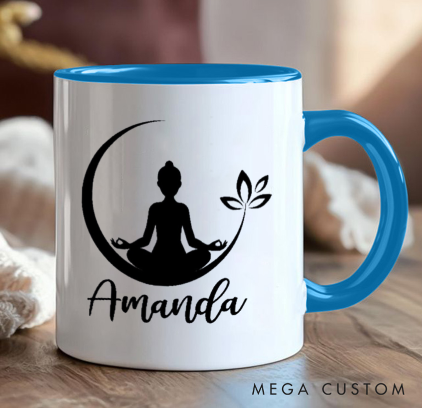 Personalized Yoga Mug Minimalist Meditation Design with Moon & Leaf Custom Name Perfect Gift for Yoga & Mindfulness Lovers