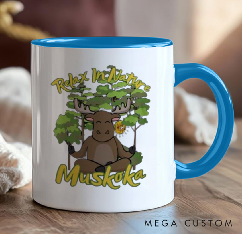 Personalized Yoga Mug with Cute Moose and Forest Design Custom Place Name Perfect Gift for Nature Lovers and Yoga Lovers