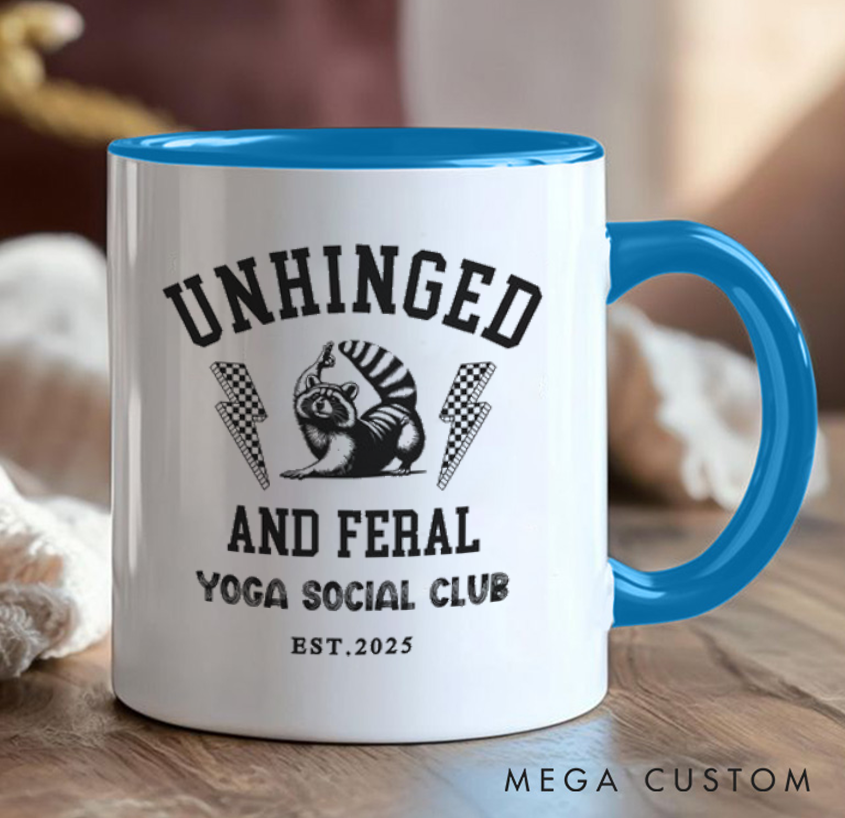 Personalized Yoga Mug with The Words "Crazy Wild Yoga Social Club" Printed on It Funny Raccoon Mug Custom Name Perfect Gift for Yoga Lovers