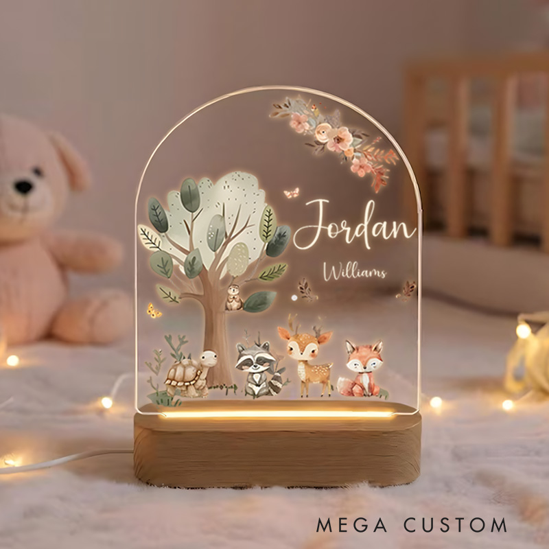 Personalized Woodland Animal Group Illustration Featuring Name and Date for a Whimsical Nursery Accent Baby Night Lamp