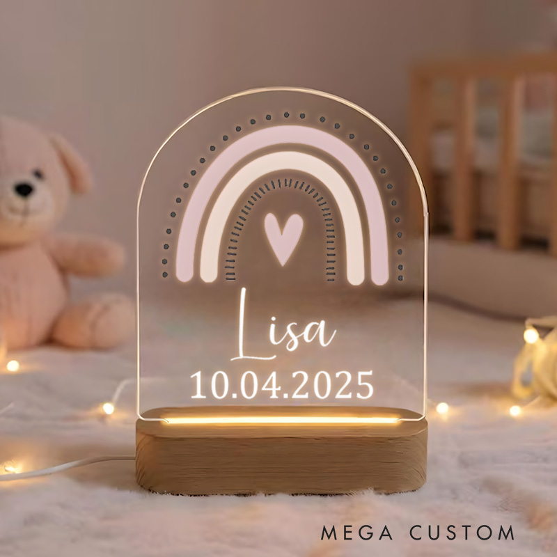 Personalized Rainbow Illustration with Name and Date for a Cheerful and Warm Nursery Glow Baby Night Lamp