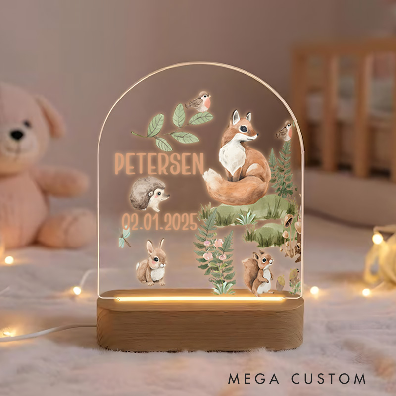 Personalized Woodland Animal Illustration Featuring Squirrel and Name for a Nature Inspired Nursery Glow Baby Night Lamp