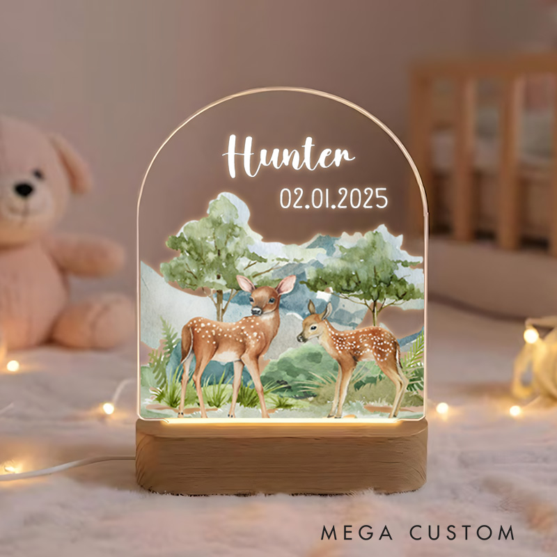 Personalized Deer Illustration with Name Date and Forest Accents for a Serene and Enchanting Nursery Glow Baby Night Lamp