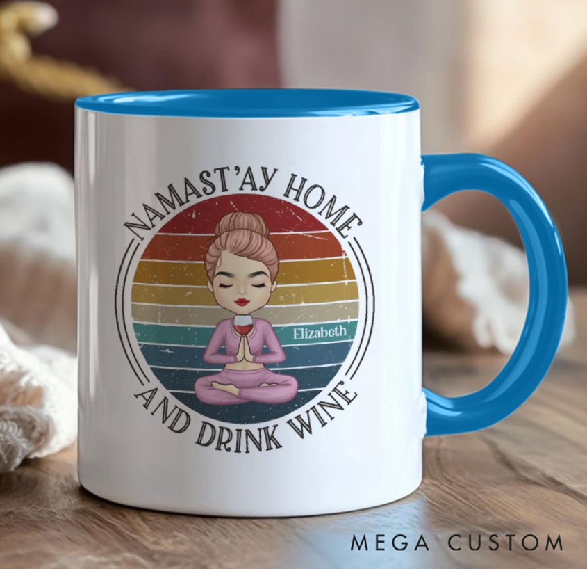 Personalized Yoga Mug Funny "Namast'ay Home and Drink Wine" Design with Retro Style Custom Name Perfect Gift for Yoga and Wine Lovers