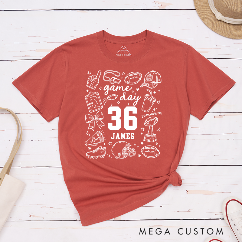 Personalized Game Day American Football T-Shirts with Fun Icon Collage Custom Team Name on the Back