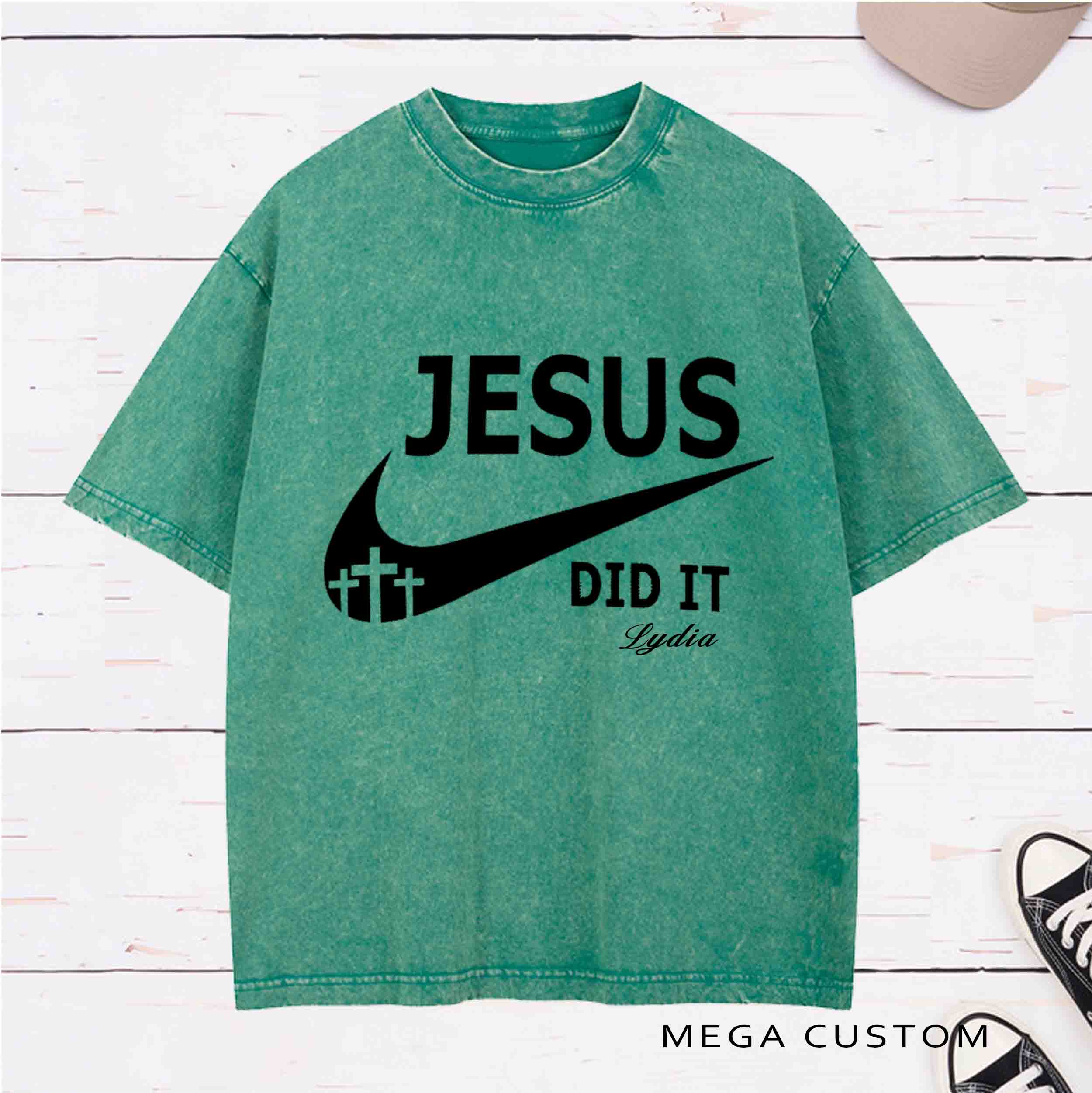 Personlized Character Bible Verse Jesus Did It and Christian Cross Printed Washed T-Shirt with Name Birthday Baptism Gift for Christian   