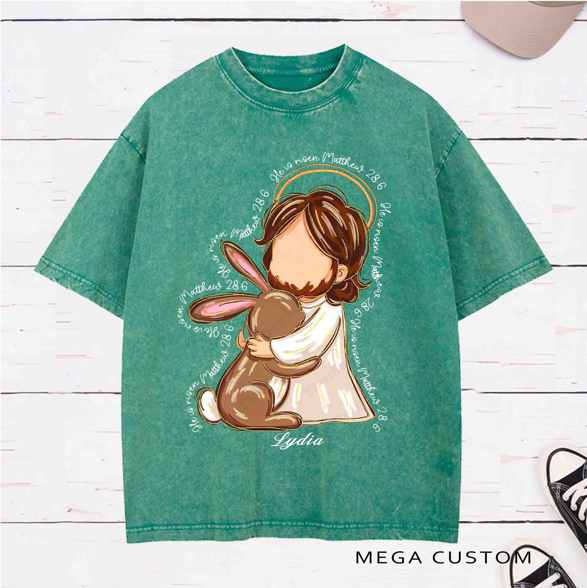 Personalized Character He Is Risen Washed T-Shirt with Name Birthday Easter Gift for Christian