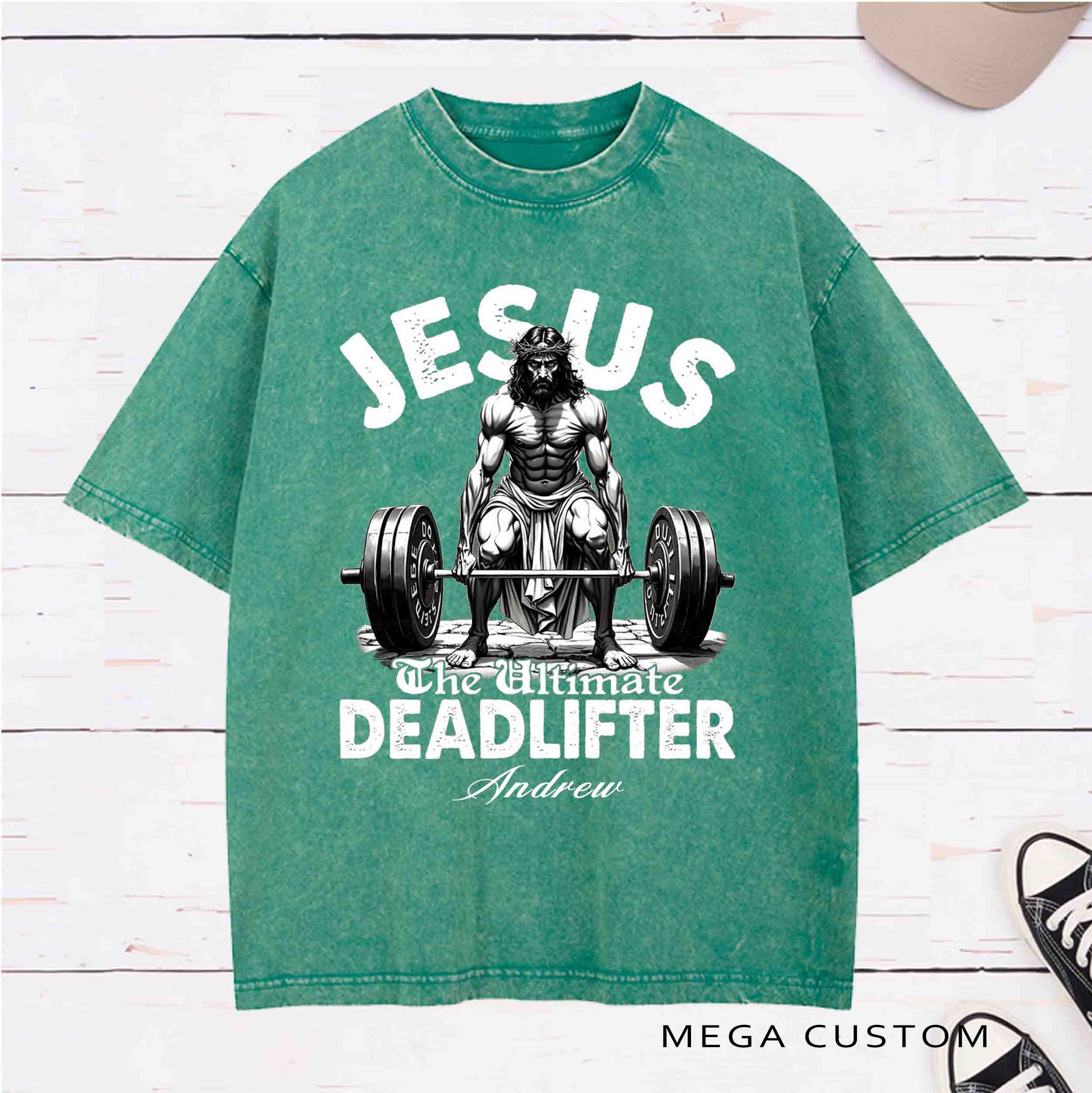 Personalized Character Jesus The Ultimate Deadlifter Washed T-Shirt with Name Birthday Easter Gift for Christian