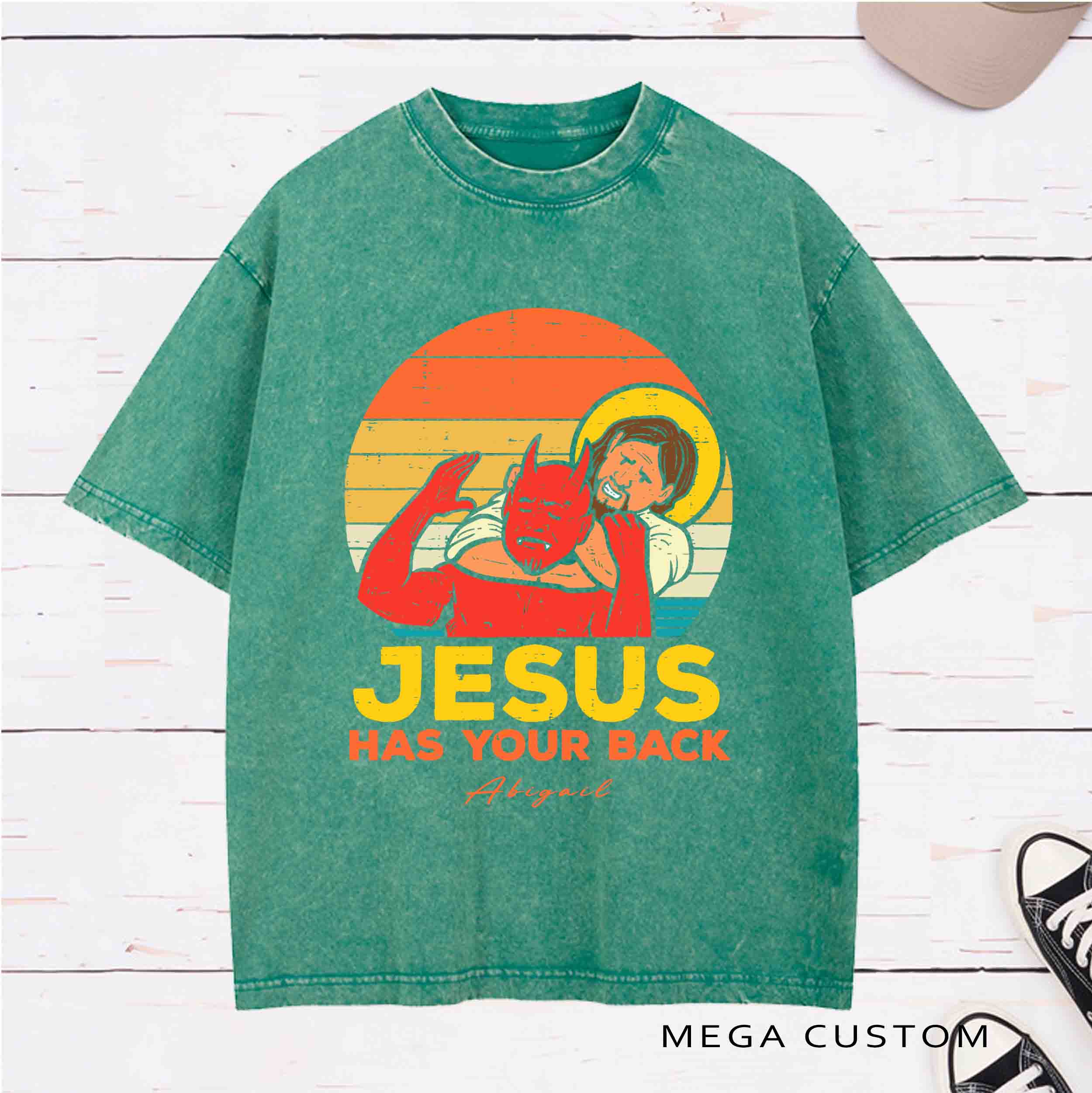 Personalized Character Jesus Has Your Back Washed T-Shirt with Name Birthday Easter Gift for Christian