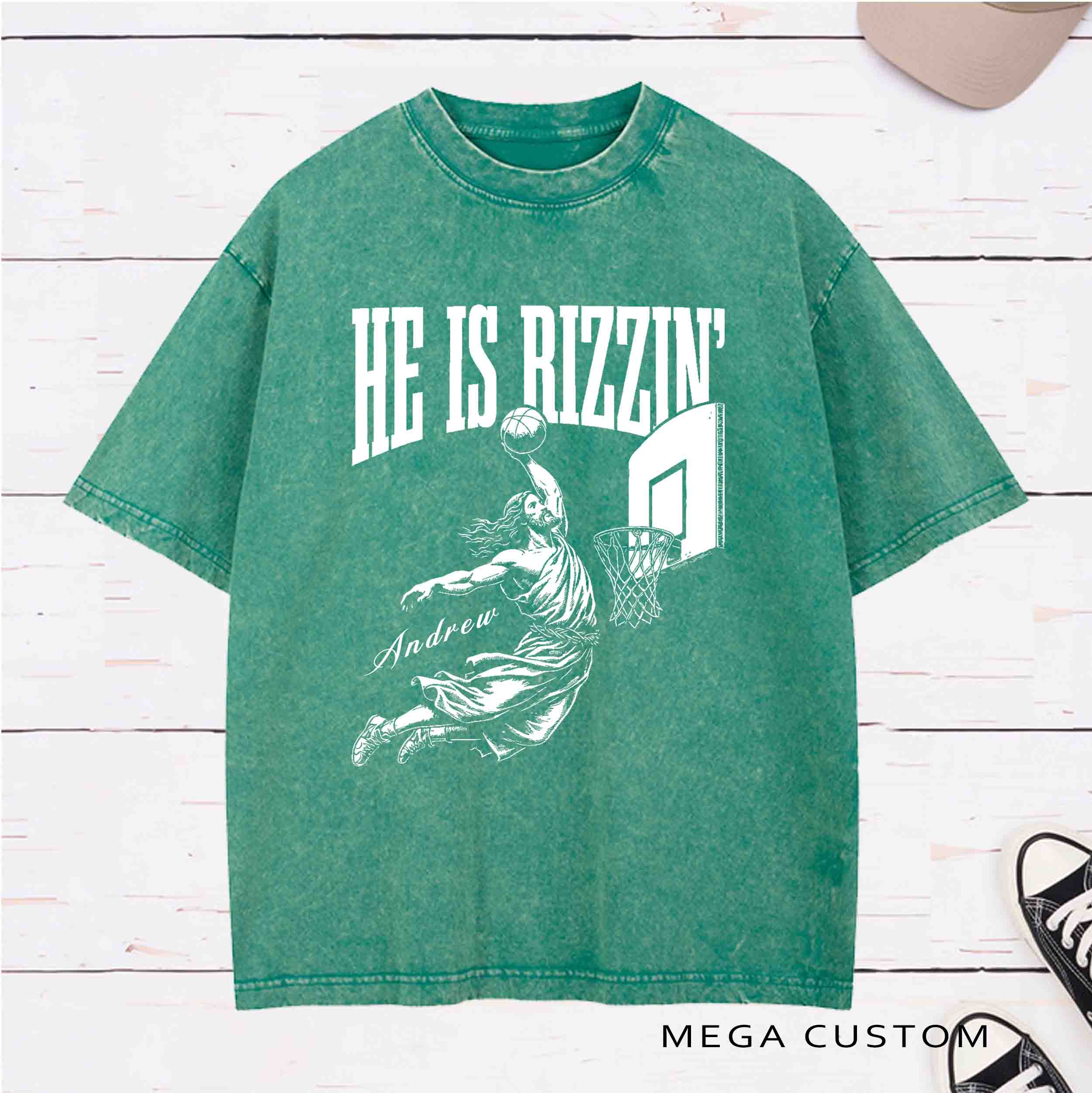 Personalized Character He Is Rizzin Washed T-Shirt with Name Birthday Easter Gift for Christian