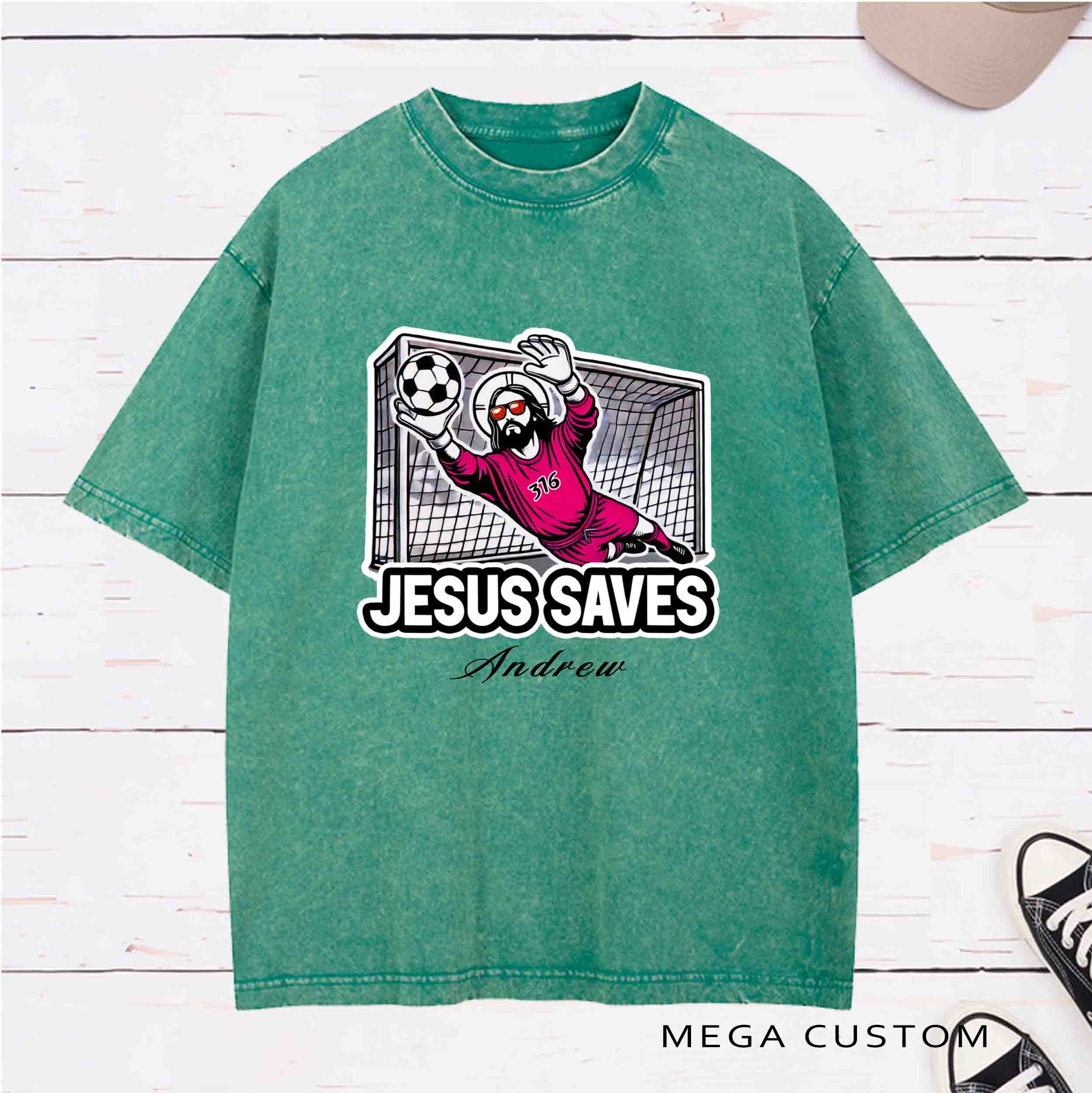 Personalized Character Jesus Saves Washed T-Shirt with Name Birthday Easter Gift for Christian
