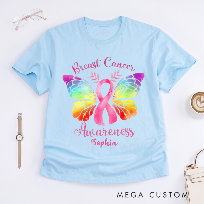 Personalized Pink Ribbon Butterfly Breast Cancer T-Shirt Survivor Ribbon Gift