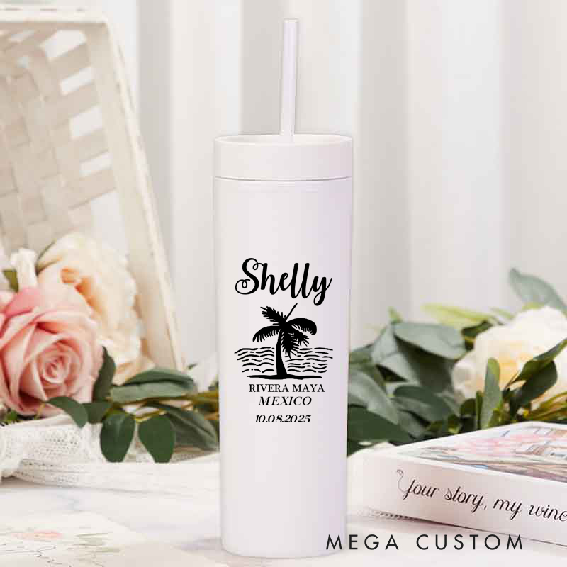 Personalized Beach Vacation Skinny Tumbler Cups for Traveling Lovers Palm Tree Tumbler Gift for Travelers