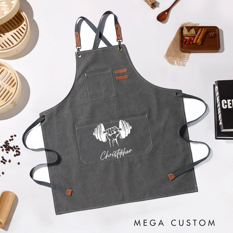 Personalized Gym Lover Canvas Apron with Pockets Housewarming Gift Kitchen Apron with Name Custom Chef Apron New Home Gift Housewarming Gift