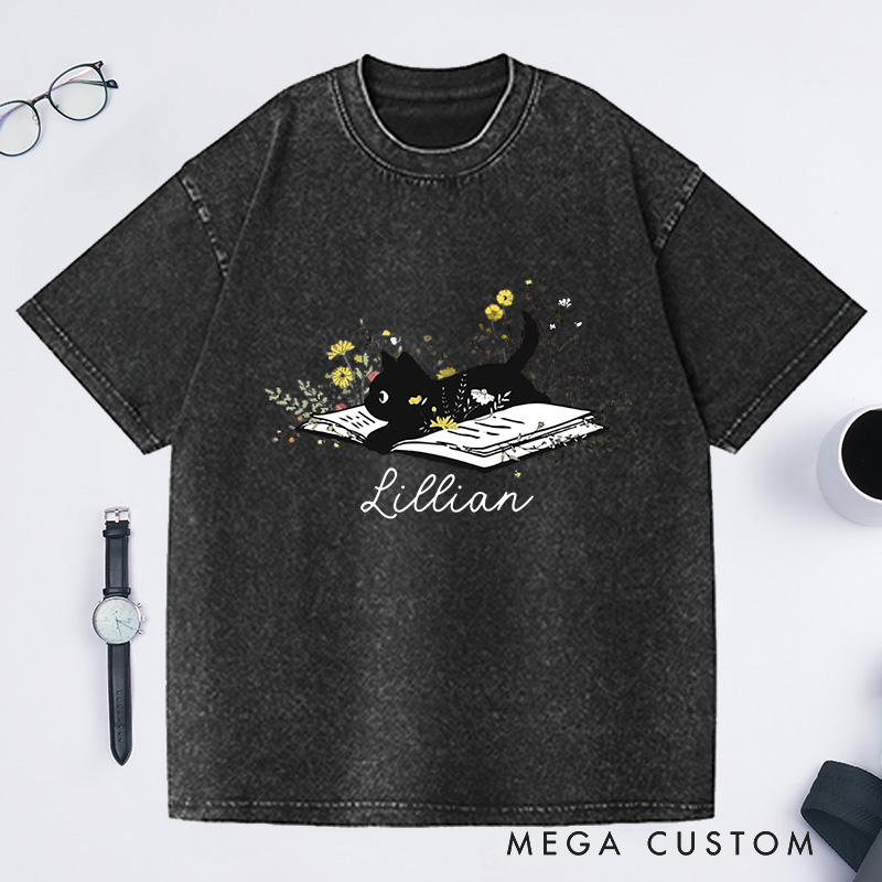 Personalized Cat Flowers Lover Washed T-Shirts Cute Book Cat Shirt Floral Book Shirt Book Lover Shirt