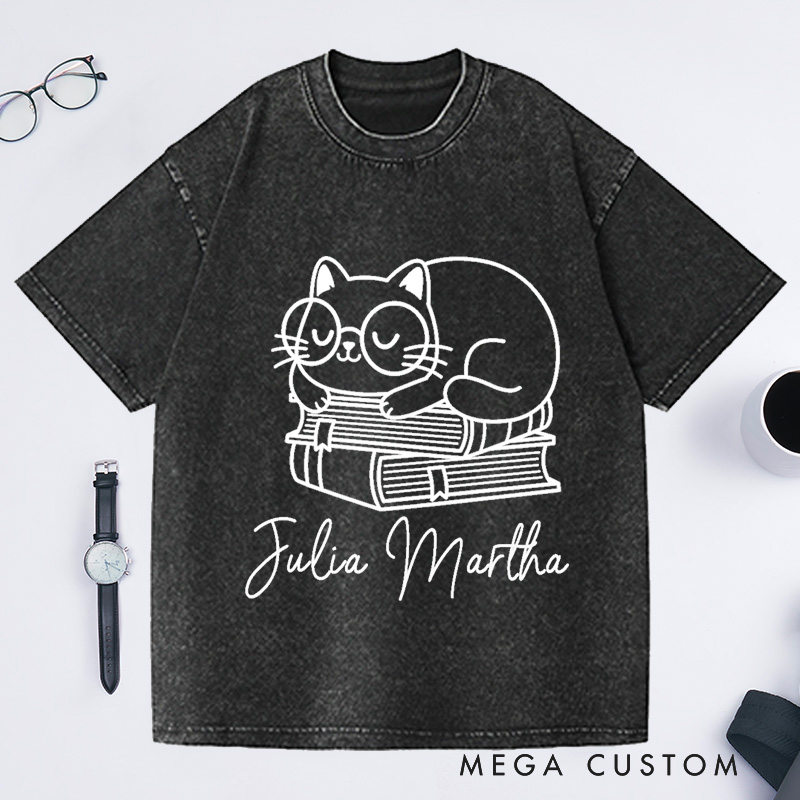 Personalized Books and Cat Washed T-Shirts Book Lover Shirt Funny Cat Shirt Book Lover Gift